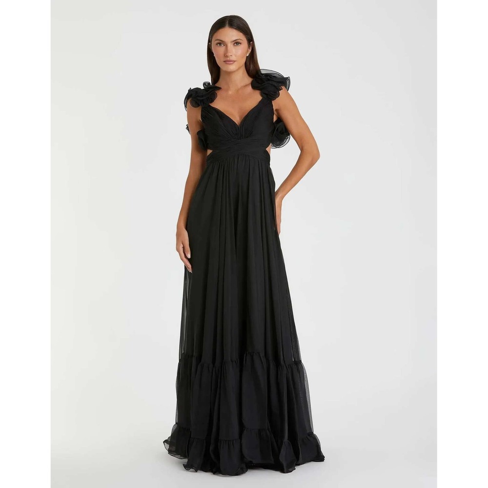 Mac Duggal Black Backless Ruffled Strap Evening Gown
